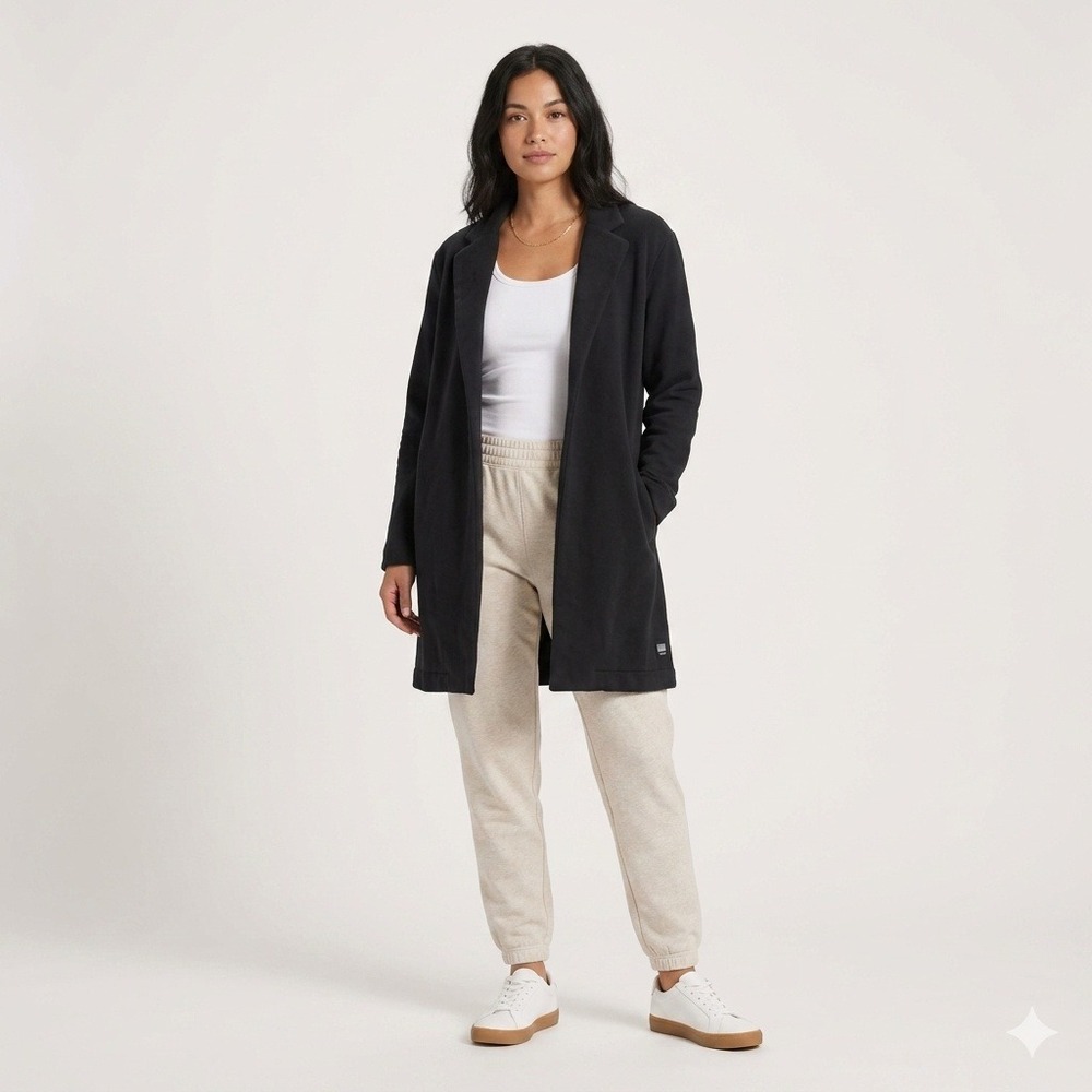 Vuori Women Black Cozy Sherpa Lined‎ Long Cardigan Blazer Coat M/L VW529
